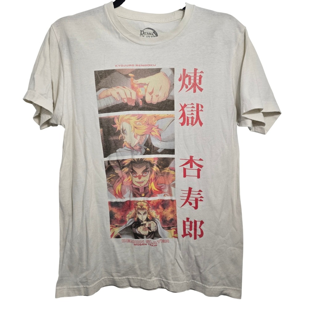 Demon Slayer Kyojuro Rengoku Mugen Train Graphic Tee Mens Medium‎ Cream Shirt